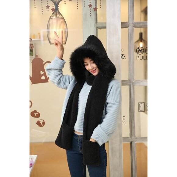 Winter Women Hoodie Hat Scarf Gloves Set Plush Fur Warm Casual Accessory main image 6